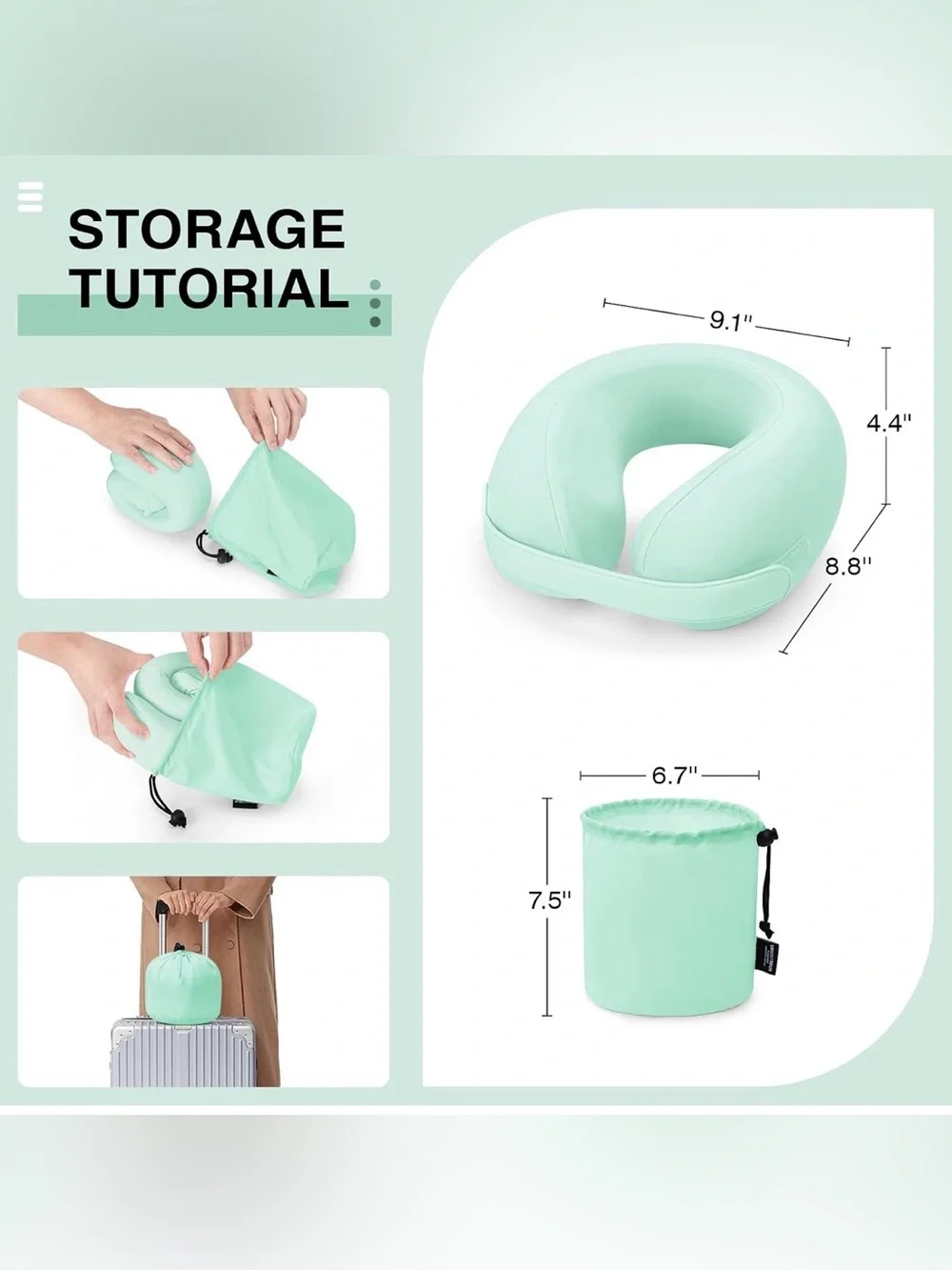 Mint Green Contour Travel Neck Pillow with Snap Closure